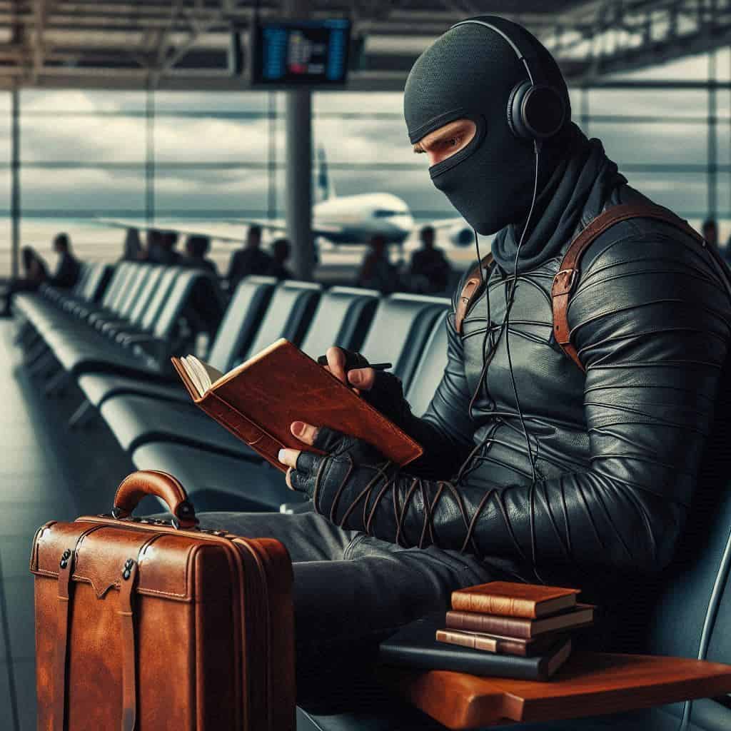 a ninja using Everbook, the analog system for remote work, listening to music on headphones while he waits for his flight at an airport