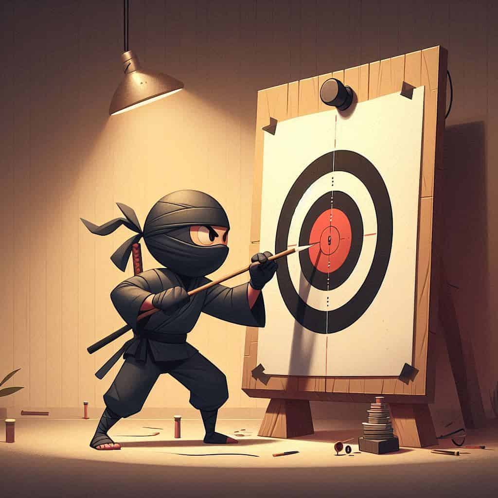 a ninja drawing a target on the wall which he will use to help him achieve his dreams