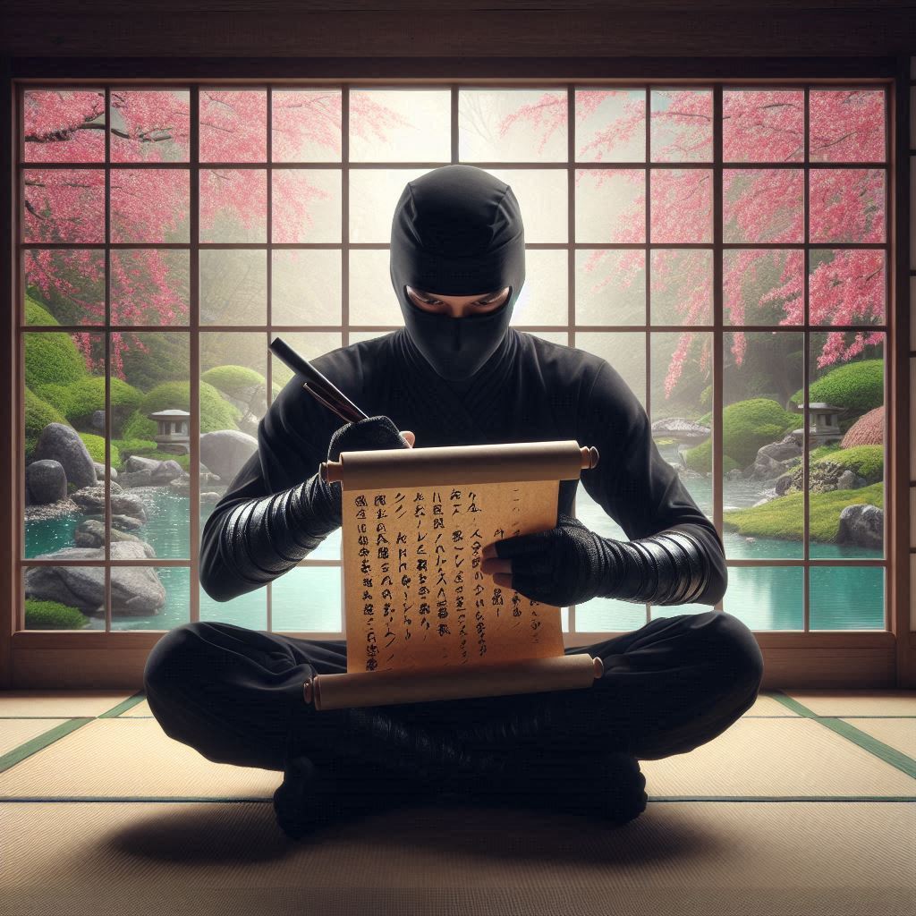 a ninja sits in his dojo diligently writing out and tracking his New Year's Resolutions