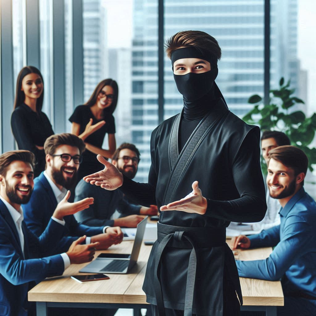 paper project management used by a ninja giving direction to his team at work