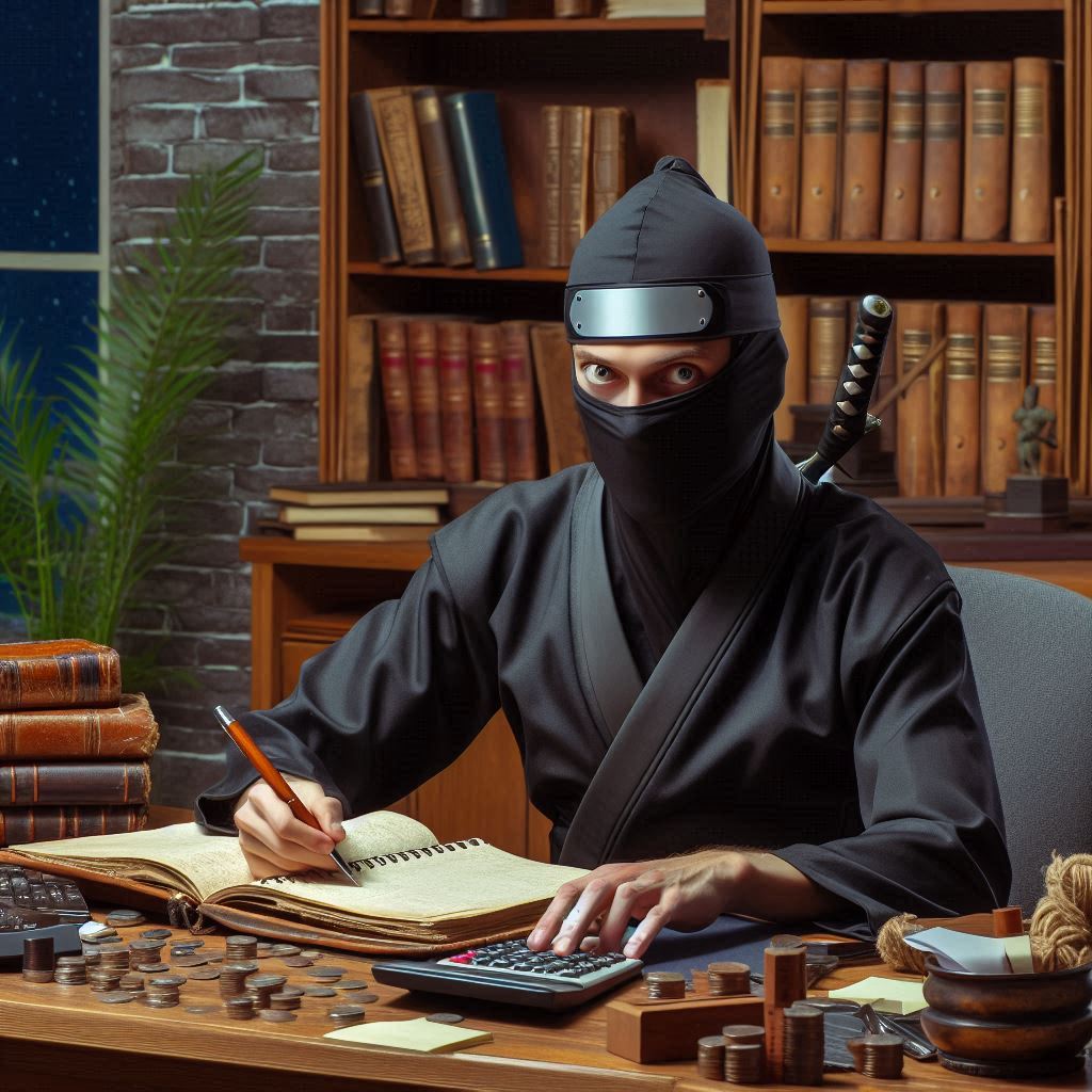 a ninja in his office working on his analog budget in his everbook