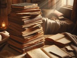 I pile of very old notebooks, likely Everbooks, sitting on a table with light streaming in the window.