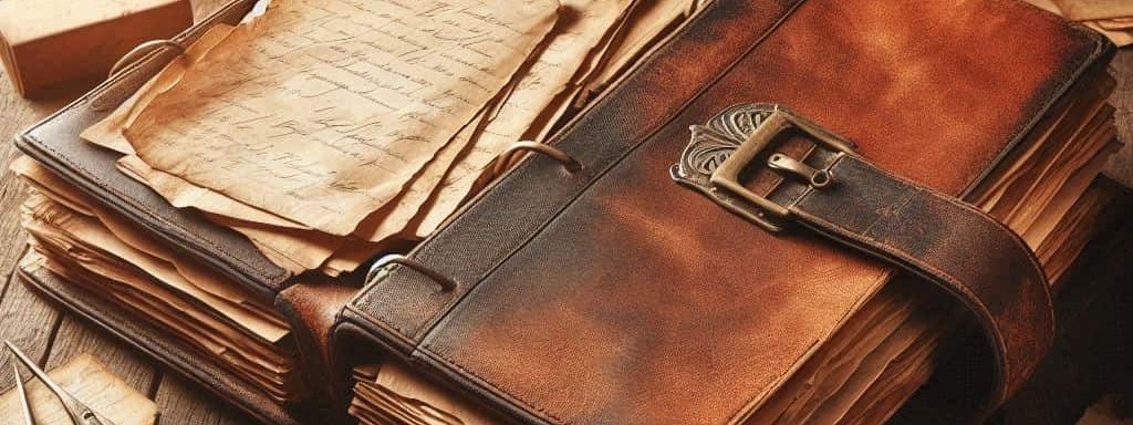 An old folder with loose-leaf pages spilling out of it
