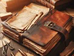 An old folder with loose-leaf pages spilling out of it