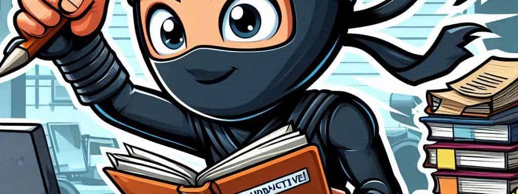 Cartoon ninja using her Everbook at work