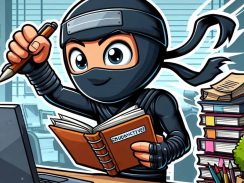 Cartoon ninja using her Everbook at work