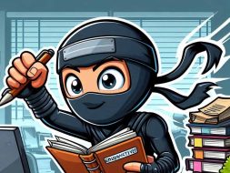 Cartoon ninja using her Everbook at work