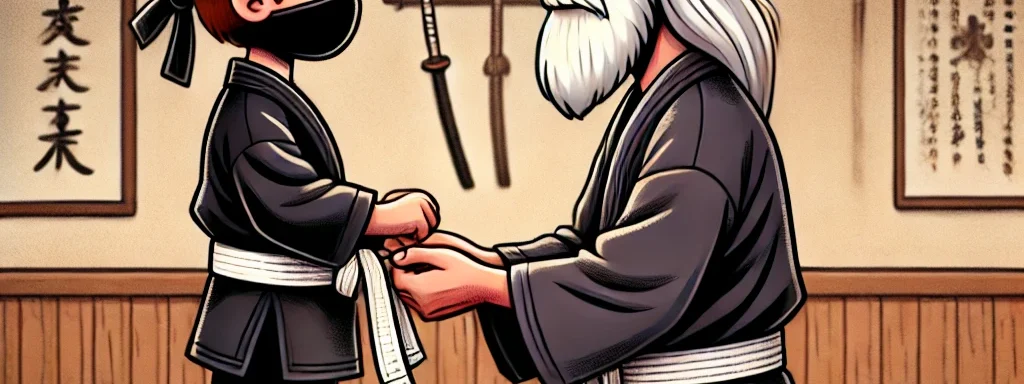 a young ninja receiving his white belt from his master everbook for beginners