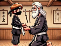 a young ninja receiving his white belt from his master everbook for beginners