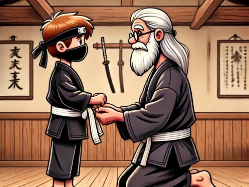 a young ninja receiving his white belt from his master everbook for beginners