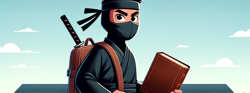 A ninja wearing a backpack on his way to school carrying his Everbook, an analog productivity system for students