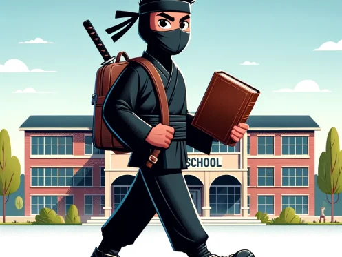 A ninja wearing a backpack on his way to school carrying his Everbook, an analog productivity system for students