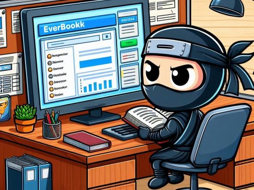 working diligently at his cubicle in the day of the life of the everbook ninja