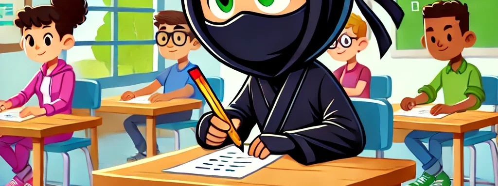 a cartoon illustration of a ninja taking a test in a classroom having implemented some great exam preparation tips