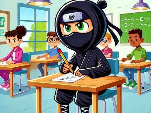 a cartoon illustration of a ninja taking a test in a classroom having implemented some great exam preparation tips