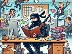 Ninja at the office doing his best to avoid productivity pitfalls