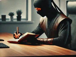 a focused ninja using his Everbook to focus on how to stay motivated