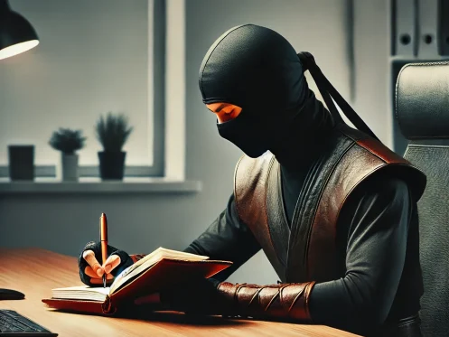 a focused ninja using his Everbook to focus on how to stay motivated