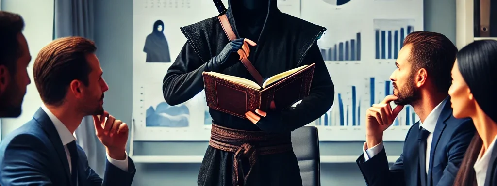 a ninja running a meeting at work using his Everbook, one of the best meeting management tools