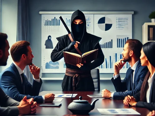 a ninja running a meeting at work using his Everbook, one of the best meeting management tools