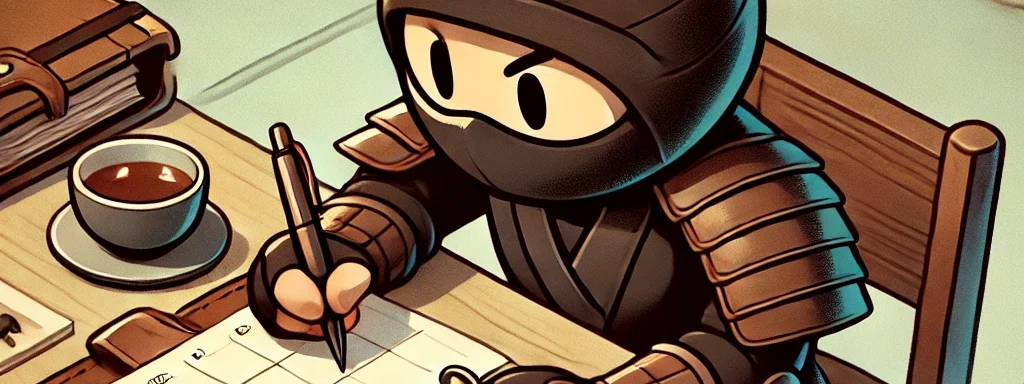 a ninja laying out his calendar in an everbook, the ultimate time management tool for students