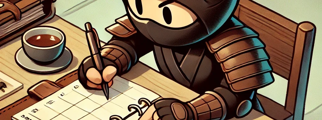 a ninja laying out his calendar in an everbook, the ultimate time management tool for students